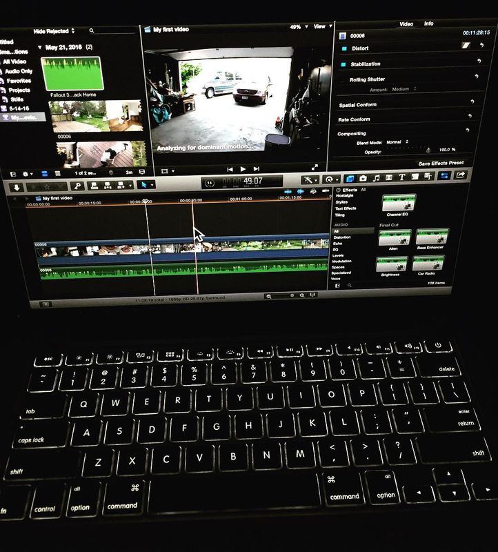 Nonlinear video editing session — stabilization, effects, and audio timeline